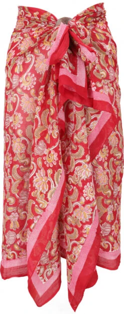 Leichter Pareo, Sarong, Handbedrucktes Baumwolltuch - Rot Kombination 4 - 180x110 Cm -Modebekleidungsgeschäft 02 21 desert garments duenne tuecher 112