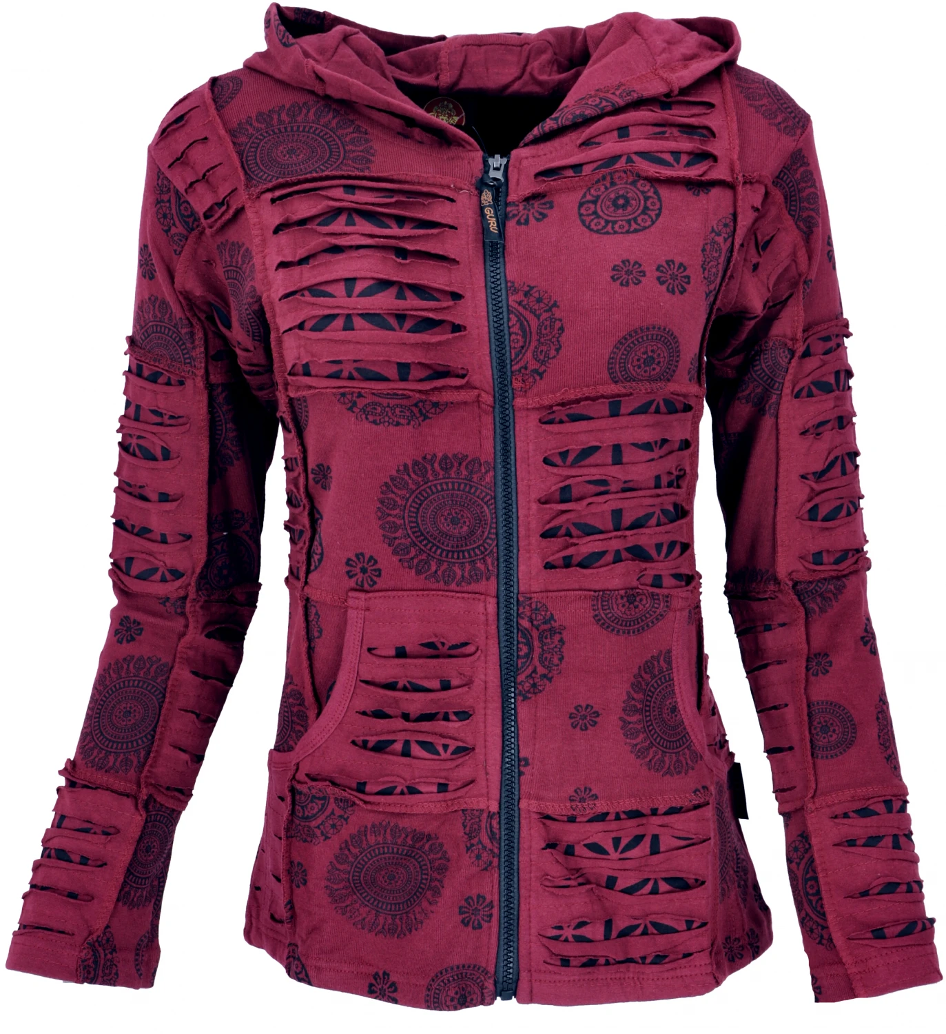 Goa Patchwork Jacke, Boho Kapuzenjacke - Bordeaux 3 Goa Patchwork Jacke, Boho Kapuzenjacke - Bordeaux