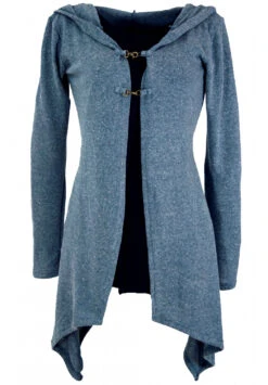 Lange Strickjacke, Strickmantel Mit Weiter Kapuze - Taubenblau