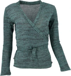 Feinstrick Wickelshirt, Yogashirt, Langarmshirt - Grün/schwarz Melliert