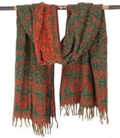 Weicher Pashmina Schal / Stola Mit Paisley Muster - Grün/orangerot - 200x95 Cm