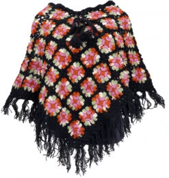 Boho Poncho Hippie Chic, Häkelponcho Aus Wolle - Schwarz