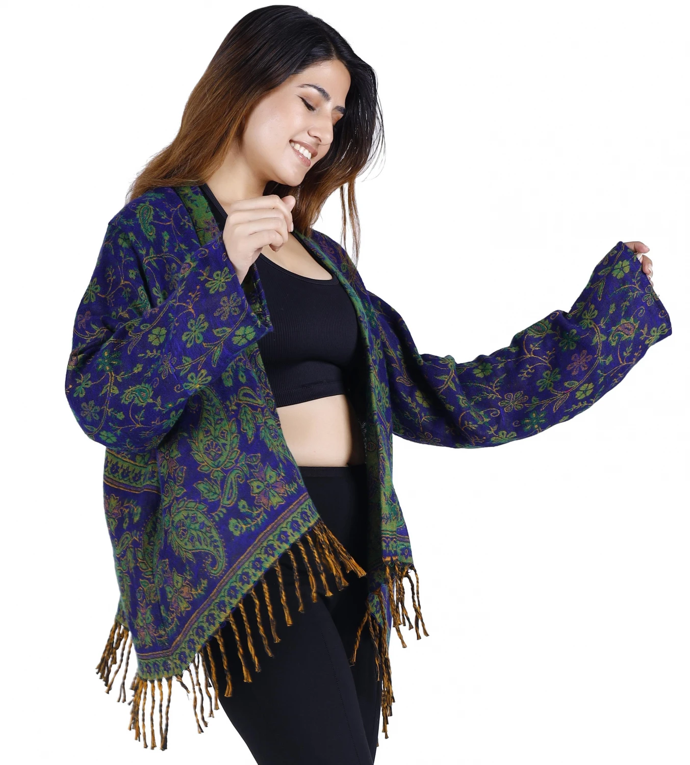 Bolero Jacke, Legeres Boho Jäckchen - Nachtblau/grün 4 Bolero Jacke, Legeres Boho Jäckchen - Nachtblau/grün – Bild 2