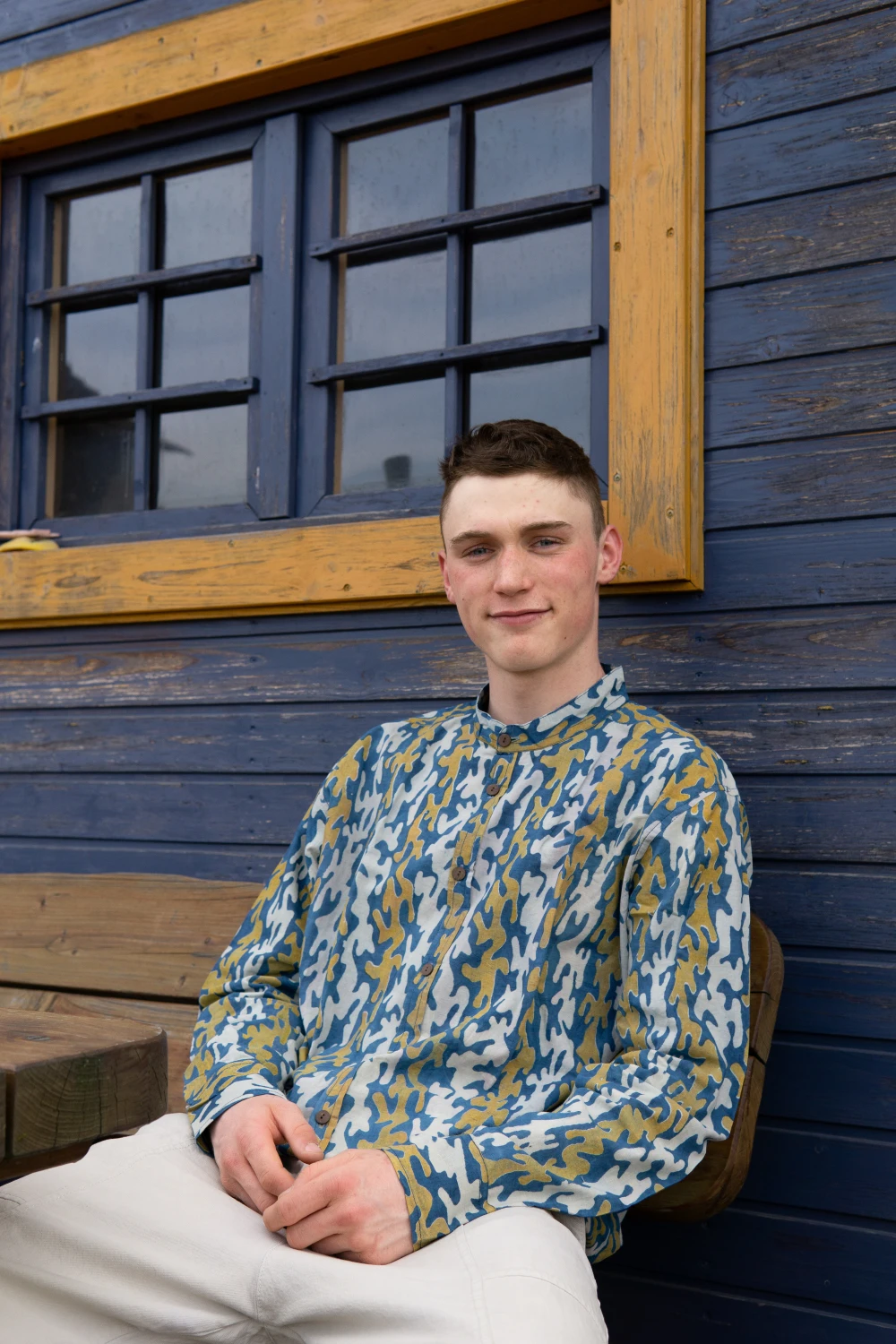 Freizeithemd, Goa Boho Hemd, Langarm Herrenhemd Mit Afrikanischem Druck, Stehkragenhemd - Indigo/curry 6 Freizeithemd, Goa Boho Hemd, Langarm Herrenhemd Mit Afrikanischem Druck, Stehkragenhemd - Indigo/curry – Bild 4