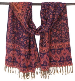 Weicher Pashmina Schal / Stola Mit Paisley Muster - Orangrot/blau - 200x60 Cm