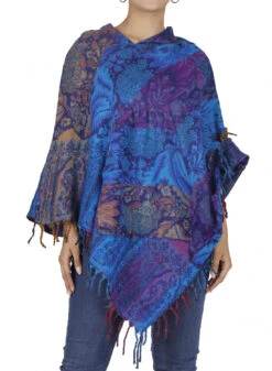 Ethno, Hippie Poncho Mit Langer Zipfelkapuze - Blau