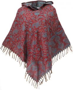 Ethno, Hippie Poncho Mit Langer Zipfelkapuze - Weinrot/petrol
