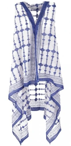 Boho Kaftan Mantel, Langer Offener Poncho, Sarong Jacke - Weiß/blau
