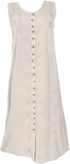 Besticktes Boho Sommerkleid, Indisches Hippie Kleid Mit Knopfleiste, Beige - Design 12