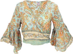 Kurztop, Boho Blusentop, Wickeltop, Wickelbluse - Aqua/curry
