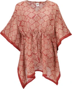 Hippie Poncho, Kaftan, Tunika, Poncho Bluse, Oversize Blockdruck Strandkleid - Rot