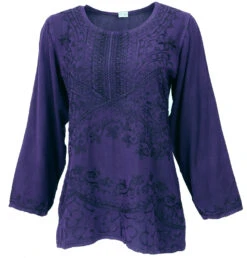 Bestickte Indische Hippie Langarm Tunika, Boho-chic Bluse - Violett