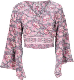 Kurztop, Boho Blusentop, Wickeltop, Wickelbluse Mit Trompetenärmel - Rosa/flieder -Modebekleidungsgeschäft 46978 12356 0606kashi 2023 72