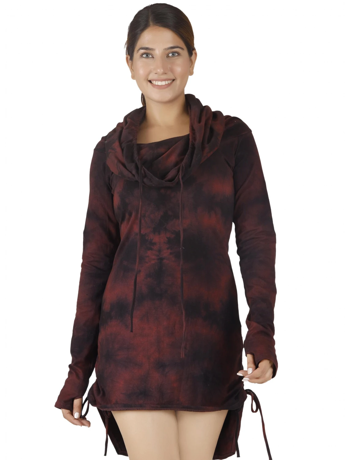 Longshirt, Minikleid Mit Weiter Schalkapuze - Bordeaux/Batik 8 Longshirt, Minikleid Mit Weiter Schalkapuze - Bordeaux/Batik – Bild 6