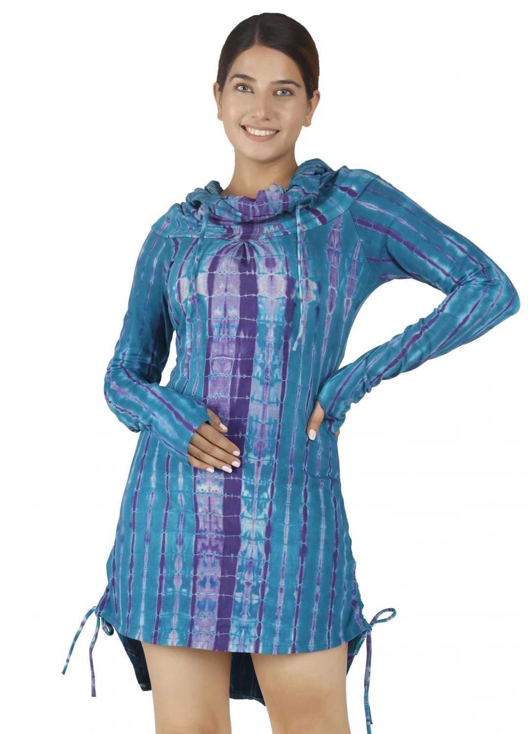 Longshirt, Minikleid Mit Weiter Schalkapuze - Türkisblau/Batik 6 Longshirt, Minikleid Mit Weiter Schalkapuze - Türkisblau/Batik – Bild 4