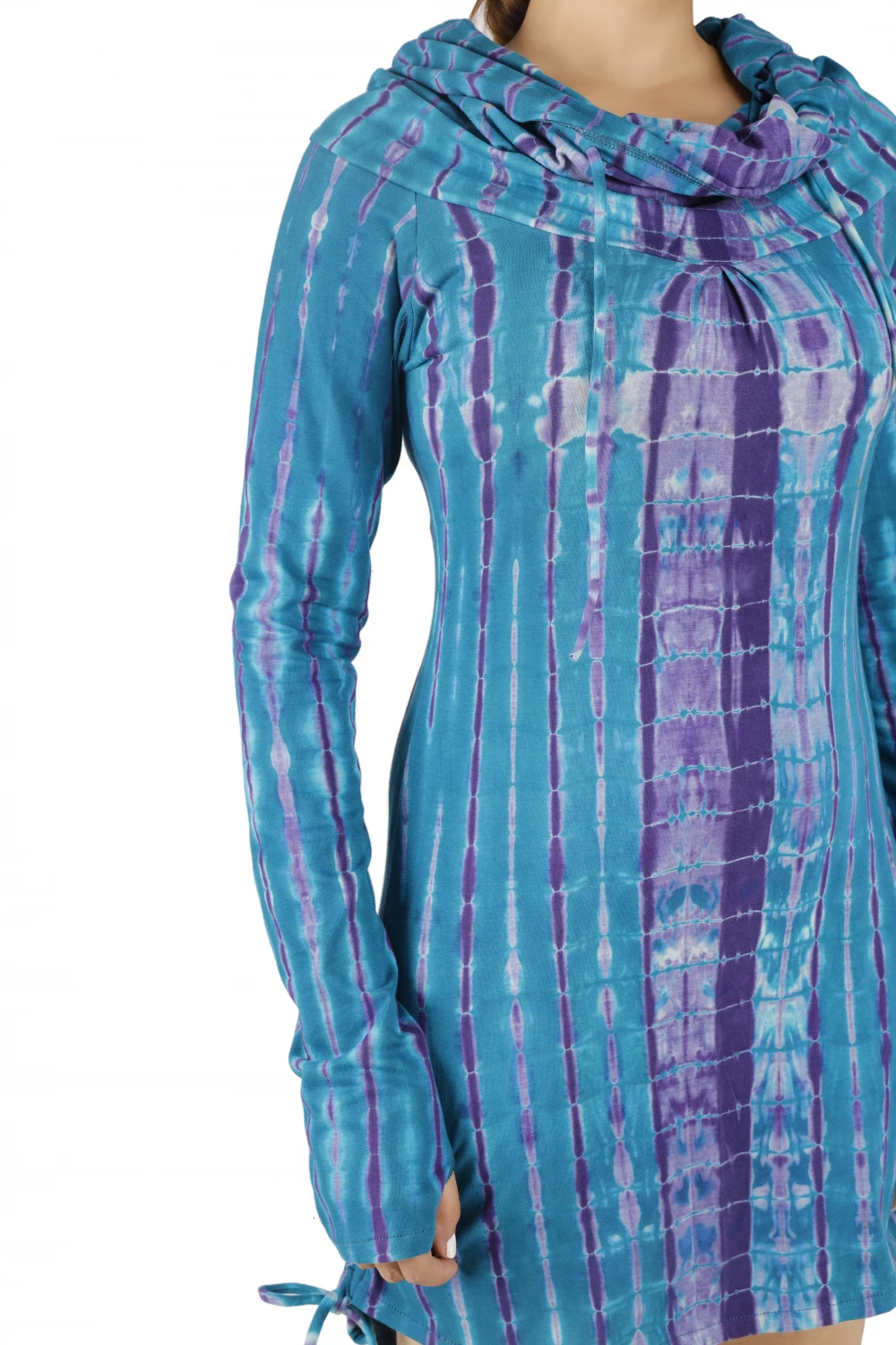 Longshirt, Minikleid Mit Weiter Schalkapuze - Türkisblau/Batik 8 Longshirt, Minikleid Mit Weiter Schalkapuze - Türkisblau/Batik – Bild 6