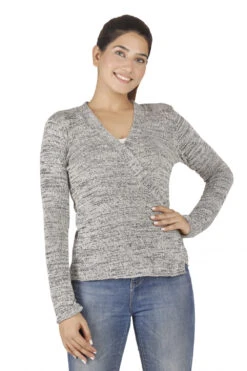 Feinstrick Wickelshirt, Yogashirt, Langarmshirt - Grau/schwarz Melliert -Modebekleidungsgeschäft 49894 3 29 20234055 ago0561