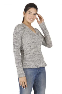 Feinstrick Wickelshirt, Yogashirt, Langarmshirt - Grau/schwarz Melliert -Modebekleidungsgeschäft 49894 3 29 20234055 ago0563