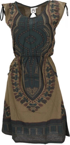 Ethno Minikleid, Bedrucktes Goakleid, Rückenfreies Kleid - Olivgrün/grün
