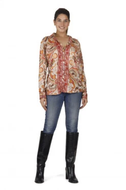 Leichte Boho Bluse, Sommerbluse, Damen Hemdbluse - Beige/orange -Modebekleidungsgeschäft 50413 3 29 20234055 ago0707