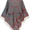 Poncho Hippie Chic, Langer Paisley Poncho Mit Gerafftem Kragen - Petrol/rot