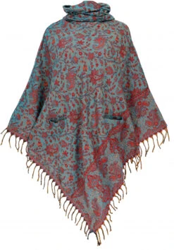Poncho Hippie Chic, Langer Paisley Poncho Mit Gerafftem Kragen - Petrol/rot