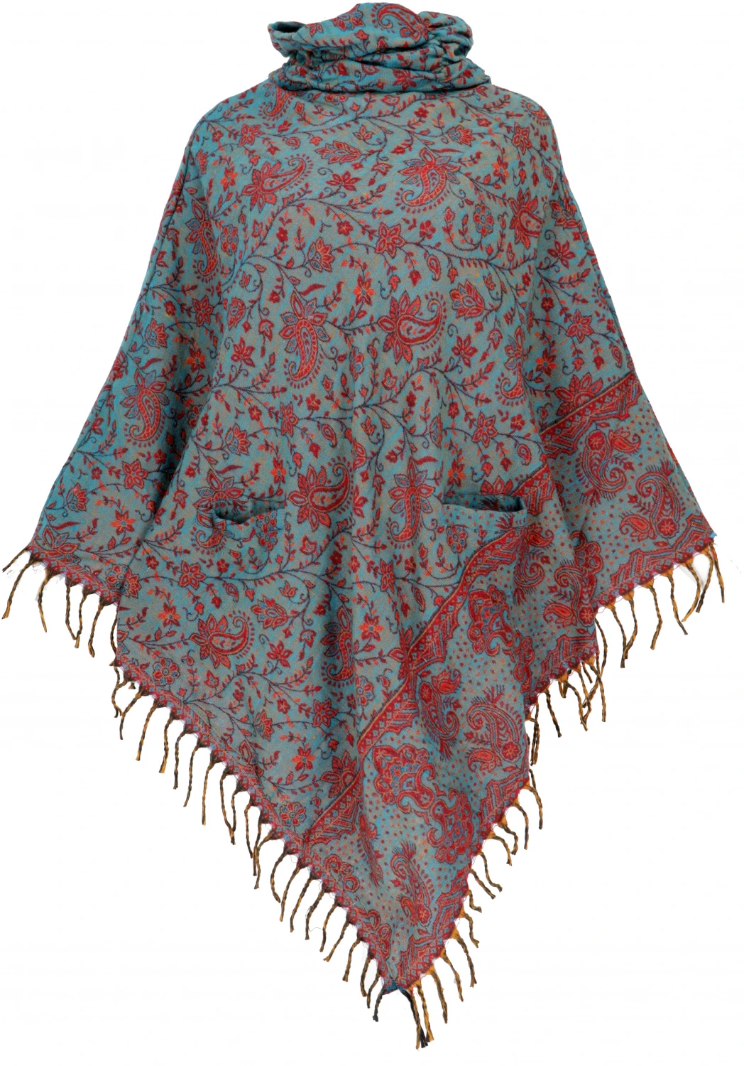 Poncho Hippie Chic, Langer Paisley Poncho Mit Gerafftem Kragen - Petrol/rot 3 Poncho Hippie Chic, Langer Paisley Poncho Mit Gerafftem Kragen - Petrol/rot