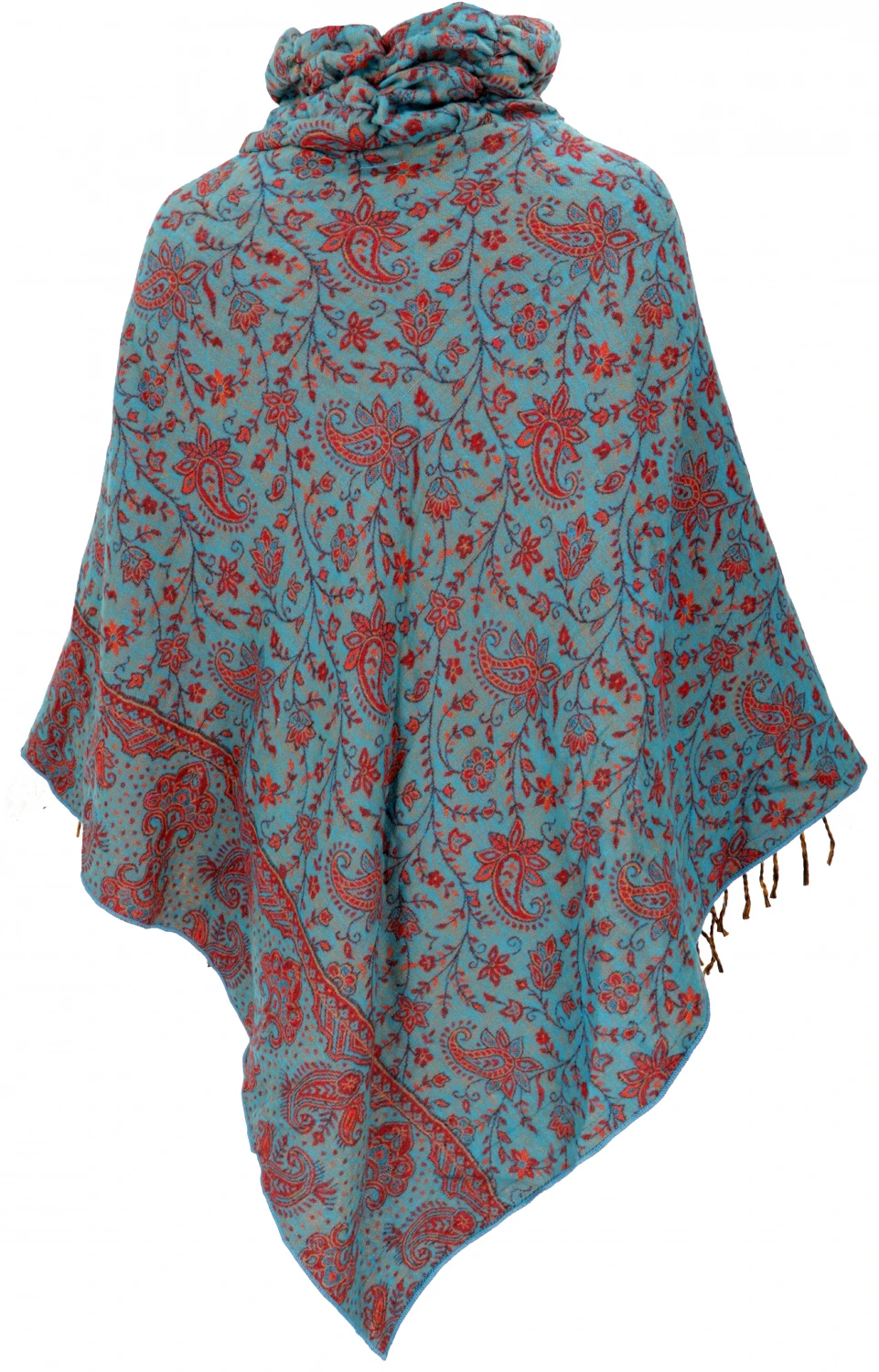 Poncho Hippie Chic, Langer Paisley Poncho Mit Gerafftem Kragen - Petrol/rot 4 Poncho Hippie Chic, Langer Paisley Poncho Mit Gerafftem Kragen - Petrol/rot – Bild 2