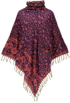 Poncho Hippie Chic, Langer Paisley Poncho Mit Gerafftem Kragen - Violett/rot