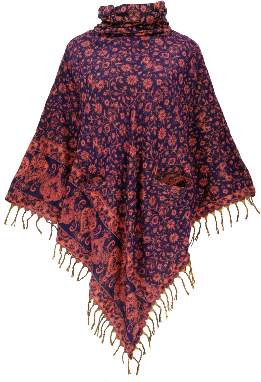 Poncho Hippie Chic, Langer Paisley Poncho Mit Gerafftem Kragen - Violett/rot 3 Poncho Hippie Chic, Langer Paisley Poncho Mit Gerafftem Kragen - Violett/rot