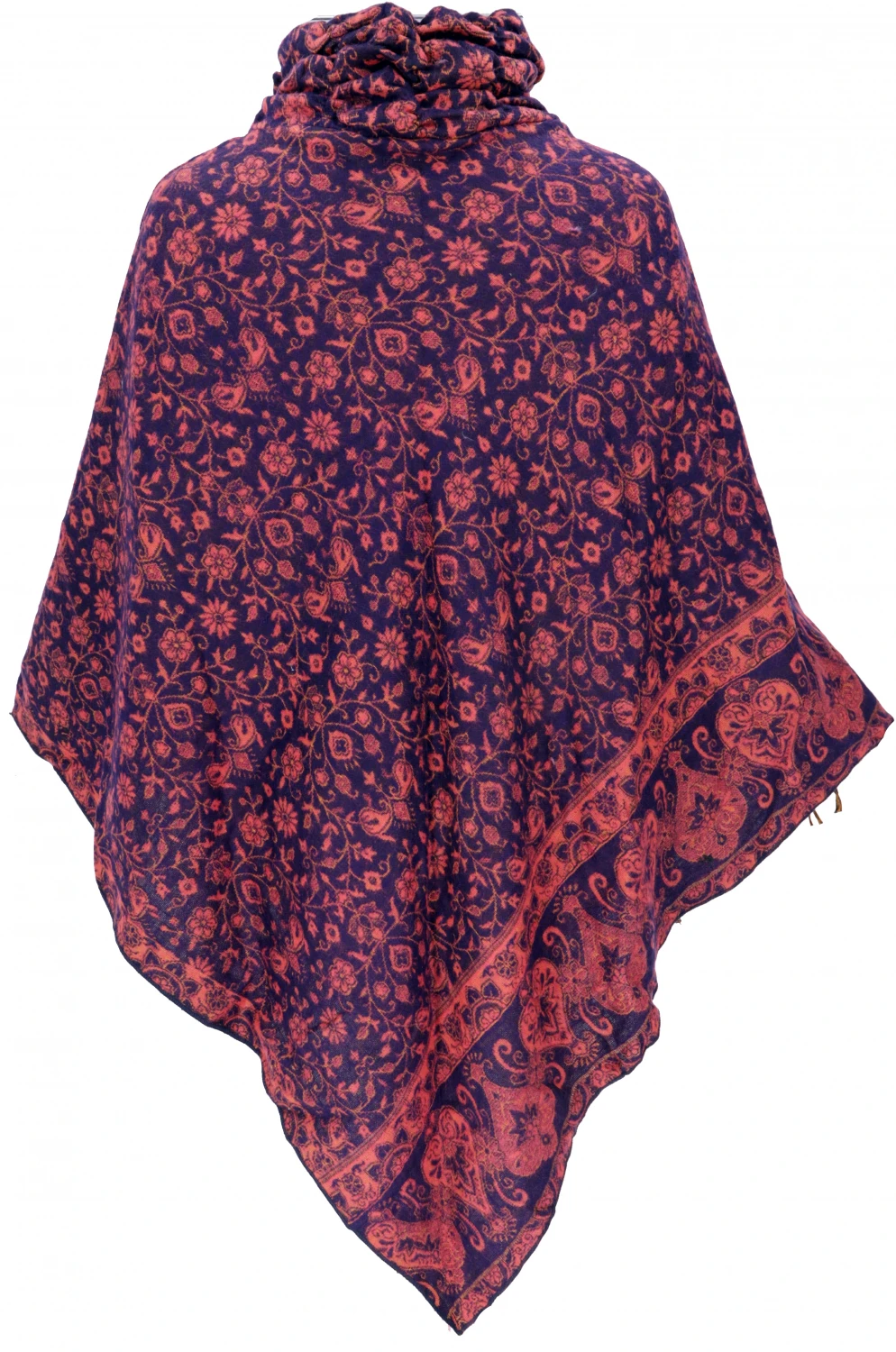 Poncho Hippie Chic, Langer Paisley Poncho Mit Gerafftem Kragen - Violett/rot 4 Poncho Hippie Chic, Langer Paisley Poncho Mit Gerafftem Kragen - Violett/rot – Bild 2