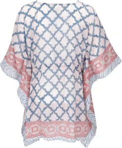 Hippie Poncho, Kaftan, Tunika, Poncho Bluse, Oversize Blockdruck Strandkleid - Rosa/blau -Modebekleidungsgeschäft 50744 desert garments 2023 4