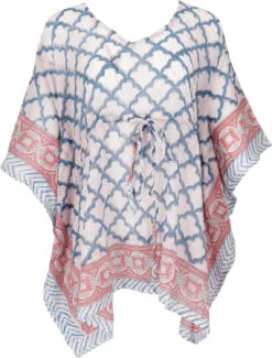 Hippie Poncho, Kaftan, Tunika, Poncho Bluse, Oversize Blockdruck Strandkleid - Rosa/blau