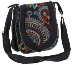 Kleine Bestickte Boho Schultertasche, Hippietasche Aus Nepal - Schwarz - 20x20x6 Cm