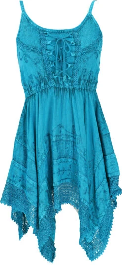 Besticktes Indisches Minikleid Boho Chic, Zick Zack Hippie Tunika, Mittelalterkleid - Türkis