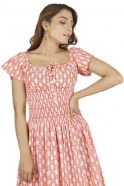 Boho Minikleid, Handbedrucktes Luftiges Sommerkleid, Baumwollkleid - Apricot -Modebekleidungsgeschäft 51420 3 29 2023403 ago0381