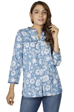 Handbedruckte Bohobluse, Luftige Baumwollbluse - Hellblau -Modebekleidungsgeschäft 51424 3 29 2023403 ago0942