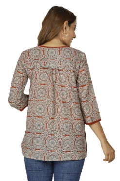 Handbedruckte Bohobluse, Luftige Baumwollbluse - Rostrot/beige -Modebekleidungsgeschäft 51803 3 29 20234055 ago0950