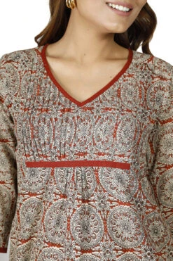 Handbedruckte Bohobluse, Luftige Baumwollbluse - Rostrot/beige -Modebekleidungsgeschäft 51803 3 29 20234055 ago0958