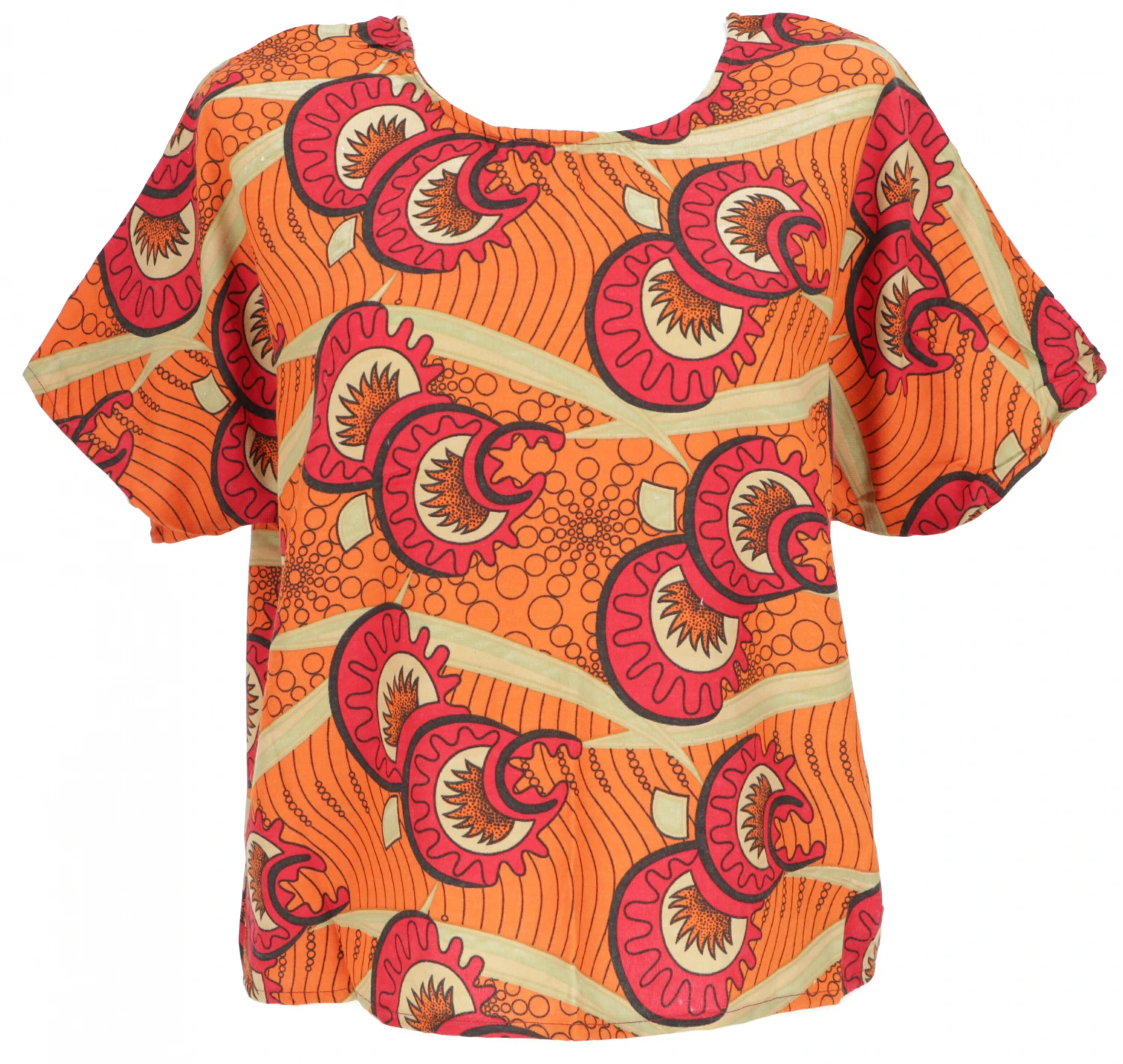 Weites Boho Blusentop Mit Fledermausärmeln, Maxibluse Mit Afrikanschem Druck - Orange 3 Weites Boho Blusentop Mit Fledermausärmeln, Maxibluse Mit Afrikanschem Druck - Orange