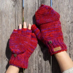 Handgestrickte Handschuhe, Klapphandschuhe Nepal, Wollhandschuhe - Rot/lila -Modebekleidungsgeschäft 52242 123mode 222 23