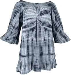 3/4 Arm Batik Tunika, Minikleid, Schulterfreie Tie Dye Strandbluse - Blaugrau