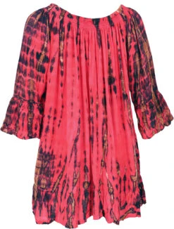 3/4 Arm Batik Tunika, Minikleid, Schulterfreie Tie Dye Strandbluse - Rot