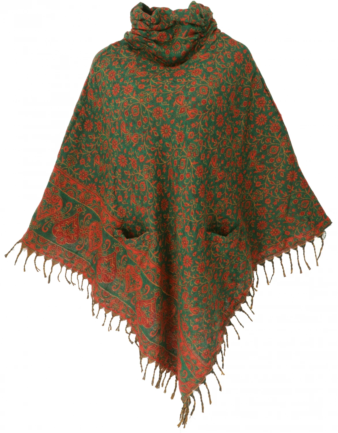 Poncho Hippie Chic, Langer Paisley Poncho Mit Gerafftem Kragen - Grün/rot 3 Poncho Hippie Chic, Langer Paisley Poncho Mit Gerafftem Kragen - Grün/rot