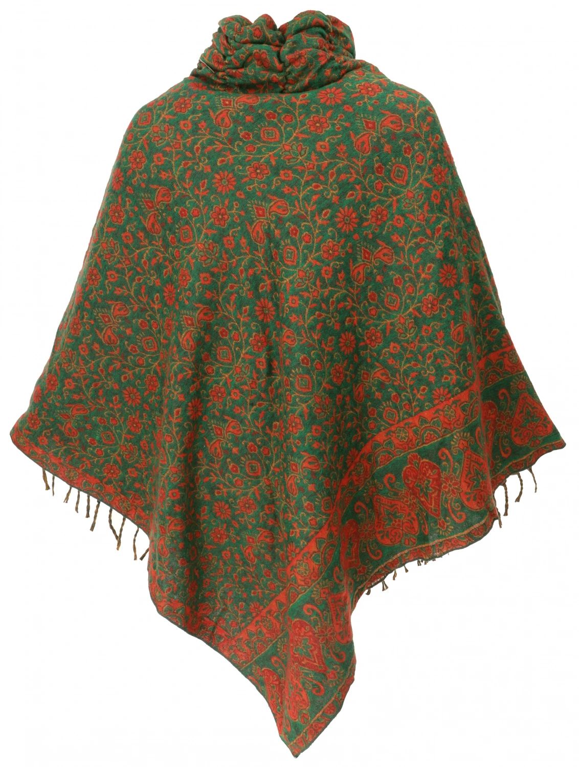 Poncho Hippie Chic, Langer Paisley Poncho Mit Gerafftem Kragen - Grün/rot 4 Poncho Hippie Chic, Langer Paisley Poncho Mit Gerafftem Kragen - Grün/rot – Bild 2