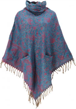 Poncho Hippie Chic, Langer Paisley Poncho Mit Gerafftem Kragen - Petrol/pink