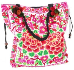 Große Schultertasche, Hippie Shopper Tasche Chiang Mai, Bestickter Beutel - Weiß/pink - 42x42x10 Cm