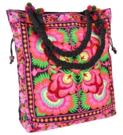 Große Schultertasche, Hippie Shopper Tasche Chiang Mai, Bestickter Beutel - Schwarz/pink - 42x42x10 Cm