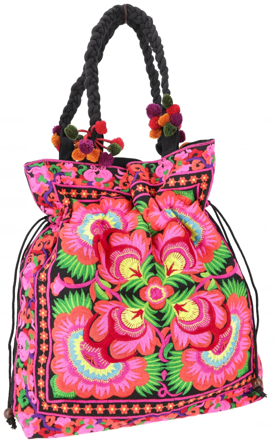Große Schultertasche, Hippie Shopper Tasche Chiang Mai, Bestickter Beutel - Schwarz/pink - 42x42x10 Cm 4 Große Schultertasche, Hippie Shopper Tasche Chiang Mai, Bestickter Beutel - Schwarz/pink - 42x42x10 Cm – Bild 2