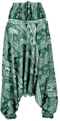 Pluderhose Mit Elefanten-Print, Overall, Jumpsuit, Haremshose, Pumphose, Aladinhose - Grün